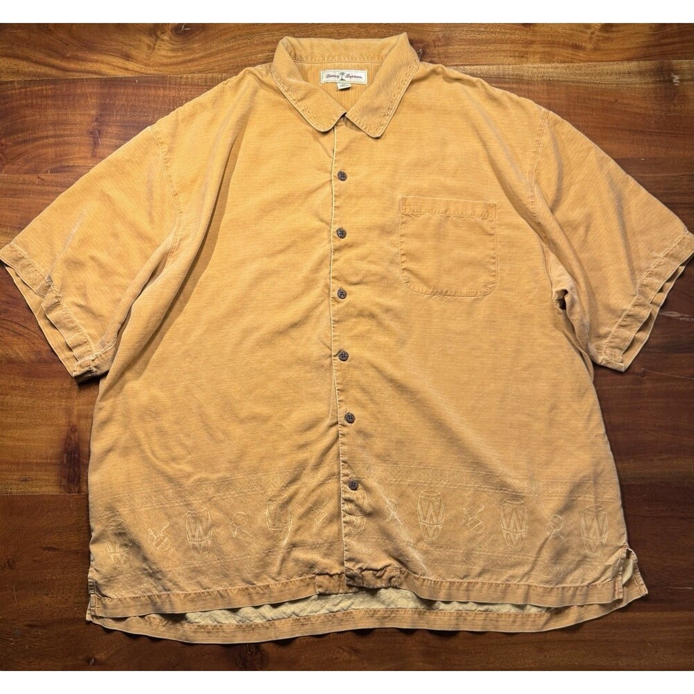 Tommy Bahama Mens XXL Silk Camp Shirt Orange Embroidered Back Hula Dancers Drums